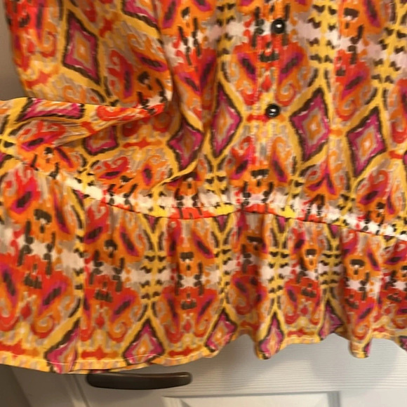 Jones New York women L top  sheer geometric design bright colours peplum elastic - Picture 5 of 8